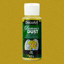 A bottle of DecoArt Glamour Dust Gold On Glitter, 29.5g, featuring a white cap and a green label with a gold glitter sample illustration, set against a textured gold background.
