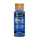 A bottle of DecoArt Americana acrylic paint in the color 'Indigo Pop', featuring a vibrant blue bottle, a tan ribbed cap, and a black label with the DecoArt logo.