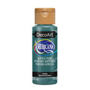 A bottle of DecoArt Americana acrylic paint in Juniper, featuring a teal-green color and a tan cap, on a solid white background.