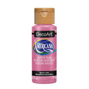 A bottle of DecoArt Americana acrylic paint in the shade Maure-a-lois (Mertwehle marigolosa), featuring a pink body and a metallic gold cap, set against a plain white background.