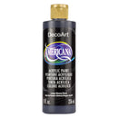 A bottle of DecoArt Americana acrylic paint in Ebony Black, featuring a black label with a gold cap and a colorful logo.