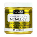 A jar of DecoArt Americana DECOR Metallics paint in the shade Bright Metallic Paint, featuring a metallic gold container with a white lid and label.