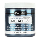 A jar of DecoArt AmericanaDECOR METALLICS bright metallic paint in a shimmering blue shade, with a white lid and white label text on a plain white background.