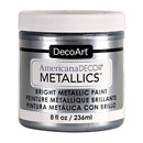 A jar of DecoArt Americana DECOR METALLICS bright metallic paint, 8 fl oz, with a white lid and a metallic silver label on a white background.