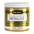A jar of DecoArt Americana DECOR Metallics paint in the color 'Bright Metallic Paint'. The product is shown in a gold jar with a white lid and a white and black label, set against a plain white background.