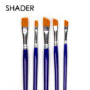 Five flat paint brushes with blue handles, orange bristles, and silver ferrules arranged vertically on a white background, with the word 'SHADER' printed in black at the top left.