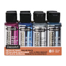 An 8-piece value pack of DecoArt metallic acrylic paint bottles in pink, blue, silver, and dark blue.