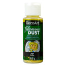 A bottle of DecoArt Glamour Dust Gold On Gold craft glitter, 29.5g, featuring a white cap and a green label with a gold glittery angel illustration.