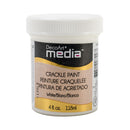 A white plastic jar of DecoArt Media Crackle Paint in White, featuring a black and gold label with product details.