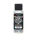A bottle of DecoArt Stained Glass Paint in Clear Texture, featuring a black cap and a colorful stained-glass-style label on a white background.