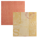 Two square scrapbooking paper sheets with a vintage distressed design. One sheet is a solid textured coral-orange color, and the other features a collage pattern in beige, gold, and muted red with decorative typography and vintage illustrations.