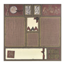 A square scrapbook paper sheet featuring a rustic gingham and checkered pattern design in muted red, beige, brown, and cream tones, with decorative panels, a ribbon motif, and small text blocks reading LOVE.