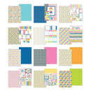 A 4x4 grid of colorful patterned paper sheets and planner-style inserts, including florals, stripes, plaid, polka dots, pastel blocks, and decorative labels on a white background.
