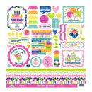 A sheet of craft stickers themed around cupcakes and candles, featuring colorful text labels, decorative frames, patterned borders, and party graphics on a white background.