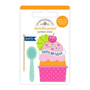 Doodle Pops cardstock sticker set by Sketching Designs Inc. featuring a cupcake with a 'Happy Birthday' banner, a blue 'party' flag, and a mint green spoon on a white backing card with an orange header.