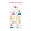 Double-Lug Design Co. Shape Sprinkles cupcakes and candles sticker sheet, featuring 24 cute illustrated stickers of cupcakes, candles, and pink header card packaging.