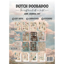 Dutch Doobadoo Junk Journal Set packaging featuring a collage of sample paper cutouts, cardstock sheets, and stickers displayed against a pastel sky and clouds background.