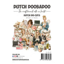 Product packaging for 'Dutch Doobadoo Dutch Die-Cuts: Whispers of Words' featuring a vintage-style collage of women, flowers, books, and everyday objects on a white background.