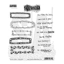 Stingers and Mugs 'In the Frame' DMR1084 clear stamp set featuring various decorative rectangular borders and a chain-link frame design, along with matching black printed sample text on a white background.