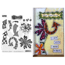 A craft stamp set by Stampins' Penny Woods featuring black and white arrow and flower designs on the left, and a decorated scrapbook card template on the right with colorful floral and arrow embellishments.