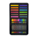 Set of colored crayons in a black case on a white background