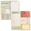 Two sheets of cardstock - notepad pages with decorative printed borders and text panels, shown on a plain white background. The designs use soft pastel tones with coral, sage green, cream, and muted orange accents.