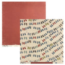 Two sheets of scrapbook paper. Featuring a solid textured terracotta red sheet and a cream-colored sheet with a pattern of colorful knit socks hanging on string.