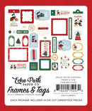 Echo Park Paper Co. Frames & Tags die-cut cardstock set featuring various Christmas-themed frames and tags with Mickey and Minnie Mouse illustrations, shown on a red background with product details and a barcode below.