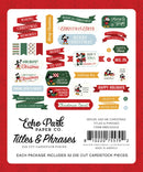 A sheet of Echo Park Paper Co. mouse and米老鼠 themed Christmas titles and phrases die cut cardstock pieces, featuring various festive banners, quotes, and Mickey Mouse illustrations on a white sheet against a red background.