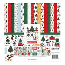 A square craft paper kit labeled 'Mouse and Me Christmas' showing multiple patterned paper sheets and decorative stickers. The designs feature Mickey and Minnie Mouse in holiday motifs such as Christmas trees, stockings, candy canes, gifts, stripes, and snowflakes in red, green, white, and light blue.