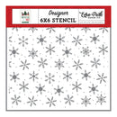 Echo Park Paper Co. Designer 6x6 Stencil sheet featuring a repeating gray snowflake and snow dot pattern on a white background, with a red header strip showing the brand and product type.