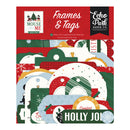Echo Park Paper Co. 'Frames & Tags' Christmas die-cut cardstock pack, featuring 34 holiday-themed paper pieces in red, green, white, and blue with festive patterns and text like 'Holly Jolly' and 'Comfort'.
