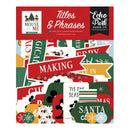 Echo Park Paper Co. 'Titles & Phrases' Christmas die-cut cardstock piece set, featuring a red header card with the brand logo and a collage of festive cardstock pieces in red, green, white, yellow, and black.