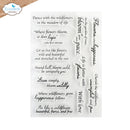 A sheet of clear acrylic or rubber stamp designs featuring inspirational floral and quote phrases, shown on a white background with a small Elizabeth craft designs logo in the top-left corner.