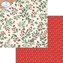 Four patterned paper sheets arranged in an L shape on a white background. The top-left sheet has a cream base with green leaves and red berries; the other visible sheets show red and white floral patterns.
