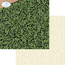 Three patterned paper sheets displayed together: one large green and black floral damask sheet, one cream scroll pattern sheet, and one tan textured sheet. An Elizabeth Cut Designs logo is visible in the top-left corner.