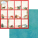 A sheet of scrapbook paper or a digital paper design featuring a 4x4 grid of winter-themed card templates with red borders, cream backgrounds, and illustrations of deer, foliage, flowers, a bird, and mushrooms. A teal patterned paper swatch is shown on the right, and the Elizabeth Craft Designs logo appears in the top-left corner.