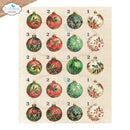 A sheet of vintage Christmas ornament decals with 20 numbered ornaments in red, green, and cream patterns, displayed on a beige fabric background with a white border.