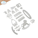 A set of silver metal die-cutting templates featuring Christmas and holiday-themed shapes, including a rocking horse, Christmas tree, sleigh, bell, and other festive outlines, arranged on a white background with the Elizabeth Craft Designs logo in the top-left corner.