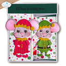 A handmade greeting card featuring two cute paper mice dressed as elves, one in red and one in green, holding a pink wand and a small red gift box. The card has a dark green header that reads 'Elf hugs & holiday cheer' and is shown on a white background with a subtle shadow.