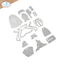 A set of silver metal die-cut craft pieces for Halloween, including a ghost, witch hat, cauldron, broom, and other seasonal shapes, displayed on a white background with the Elizabeth Craft Designs logo in the top-left corner.