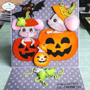 A handmade 3D pop-up Halloween greeting card by Elizabeth Craft Designs, featuring three cute paper mice in jack-o'-lantern costumes on a purple patterned card base.