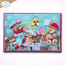 A square craft card or scrapbook design featuring six cartoon mice in winter clothing gathered around a table with gifts, a framed apple print, and snowflake decorations on a turquoise patterned background. The card is presented on a light pink patterned backdrop with an 'Elizabeth craft designs' logo in the top-left corner.