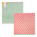 Two patterned paper sheets overlapping on a white background. The top sheet has mint green and cream chevron stripes with a small yellow patterned accent in the upper left.