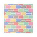 A square vellum sheet featuring a colorful geometric pattern of overlapping chevron and arrow shapes in pastel shades of pink, blue, green, yellow, and gray, with various short phrases printed in white text across the design.