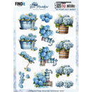 3D push-out sheet with blue flowers and buckets on a white background