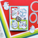 A handmade layered card featuring four illustrated snowmen in winter outfits, arranged on red and striped cardstock with silver die-cut frames and small embellishments.