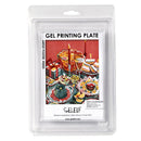 A packaged Gel Printing Plate featuring an illustrated design of a festive table setting with red, gold, and multicolored food and drink elements. The product is sealed in a clear plastic blister pack with a printed insert card labeled 'GEL PRINTING PLATE' and the brand name 'Gelelf' visible.