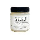 Jar of GELELF acrylic medium on a white background