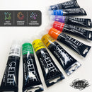 Geleif acrylic paint tubes in various colors on a white background